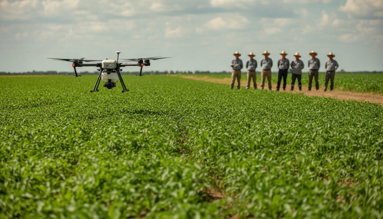Drone sobrevoando plantação verde enquanto grupo de produtores rurais observa o voo ao fundo.